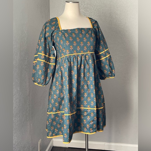 Entro Teal Floral Dress with Mustard Highlights - Picture 2 of 6